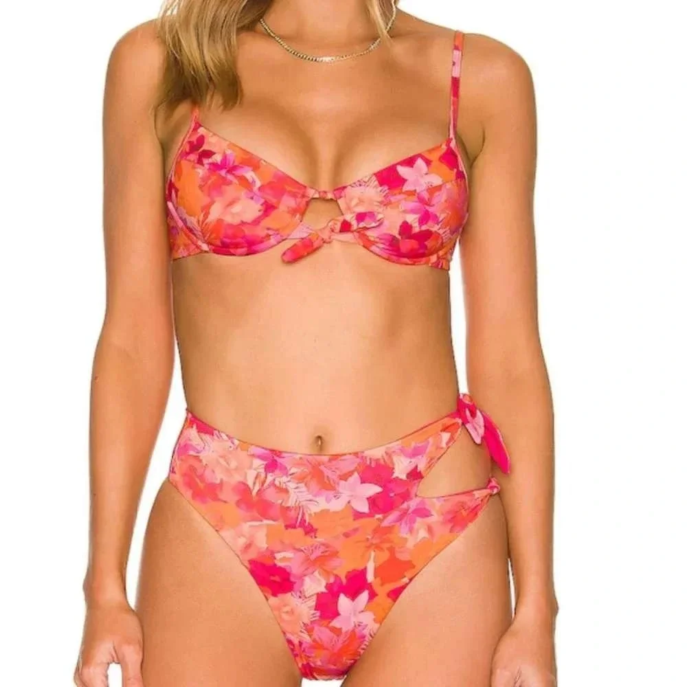 L*Space Rose Top Jack Bikini Set Floral Pink Orange Large and XL NEW